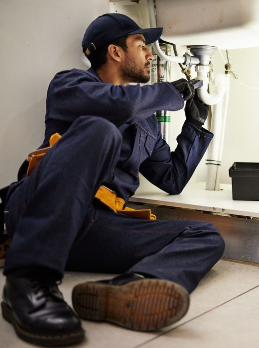 A person in a blue uniform and cap crouches under a sink, using a tool to repair white plumbing pipes.