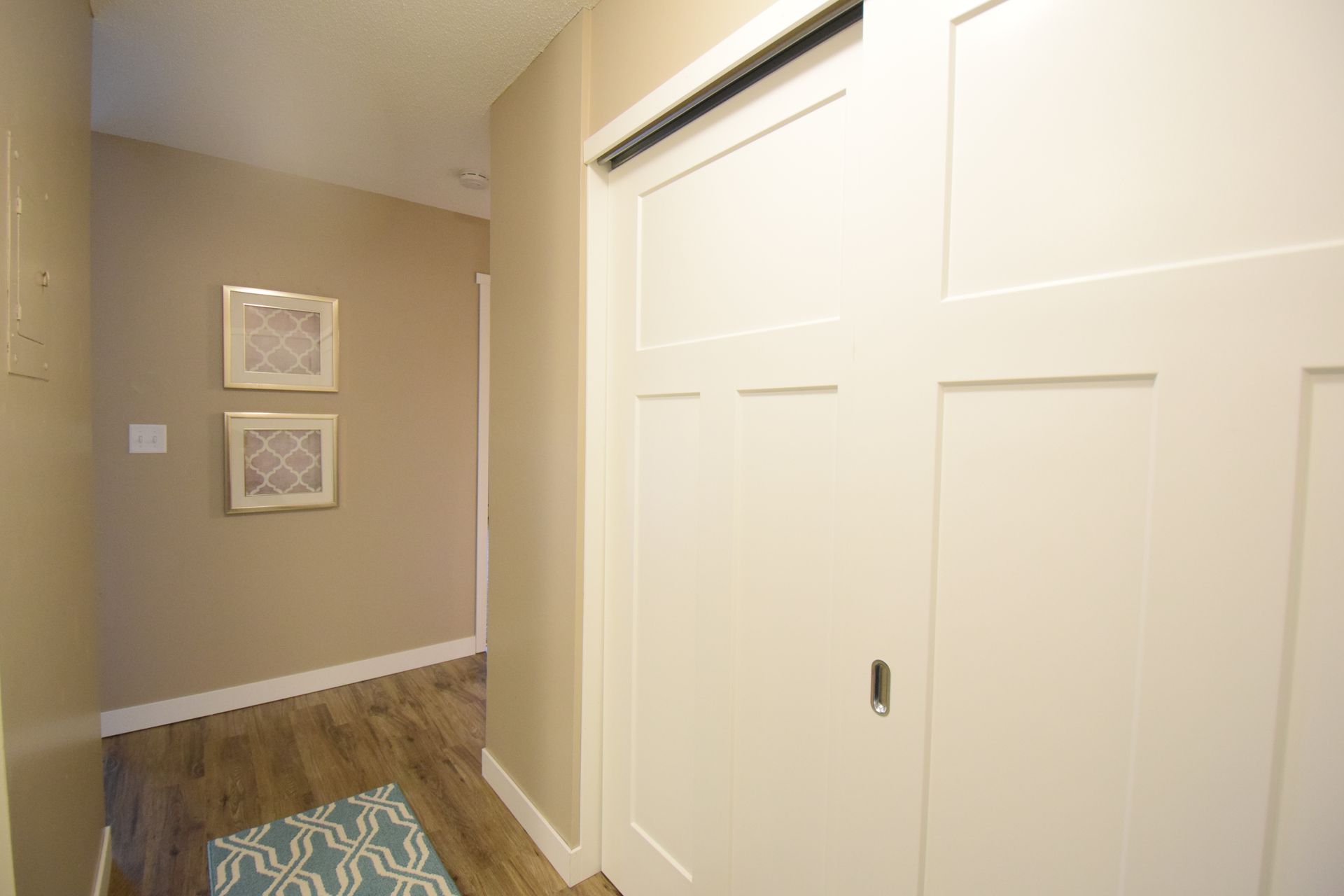 A hallway with a sliding door and two pictures on the wall.