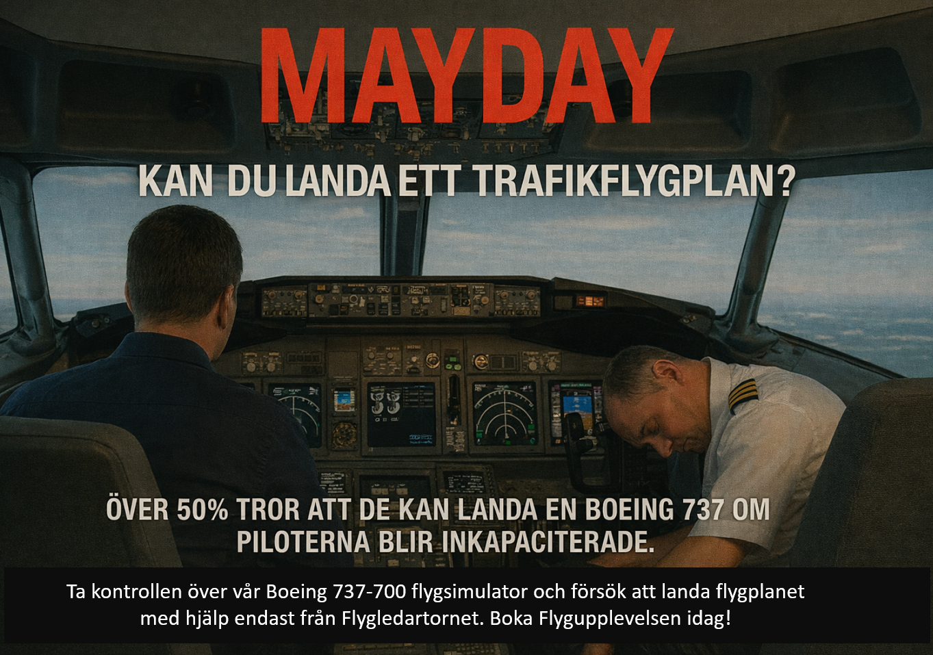 Inuti en flygplanscockpit står det