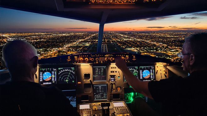 Vy från cockpit i vår  Airbus A320 flygsimulator.