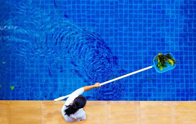 A woman is cleaning a swimming pool with a net.