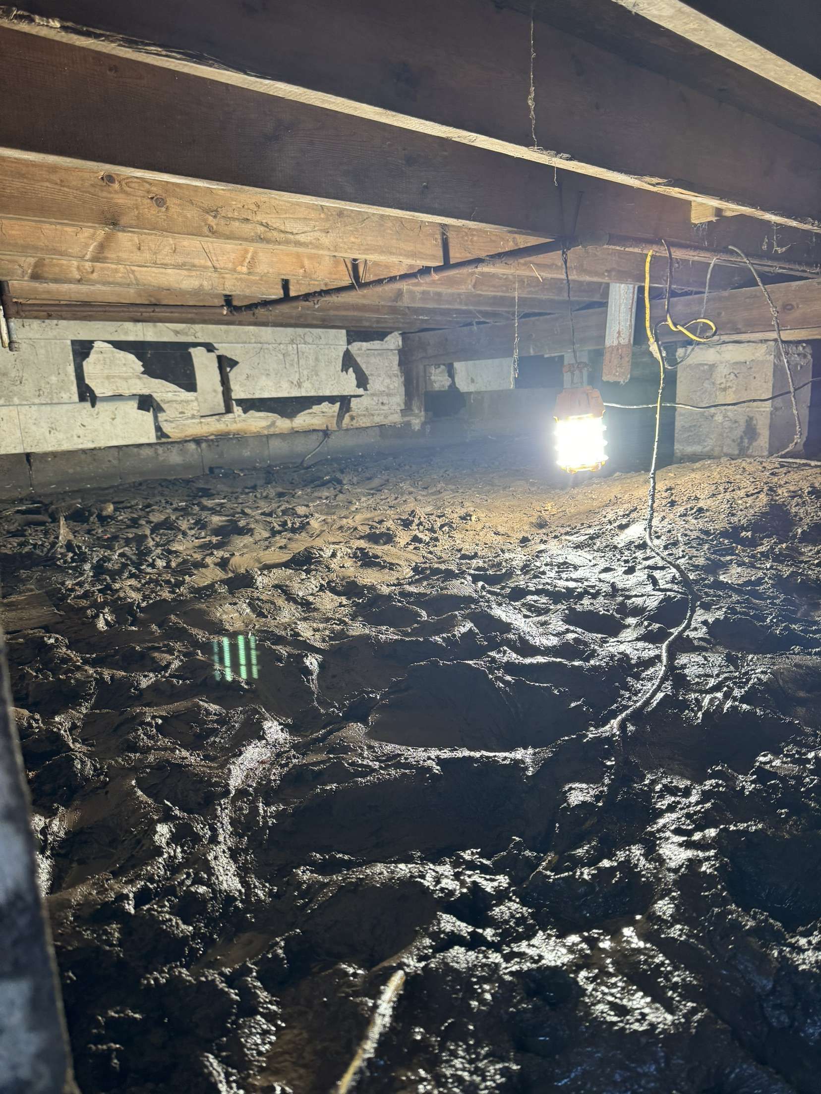 A muddy basement with a light shining through the ceiling.