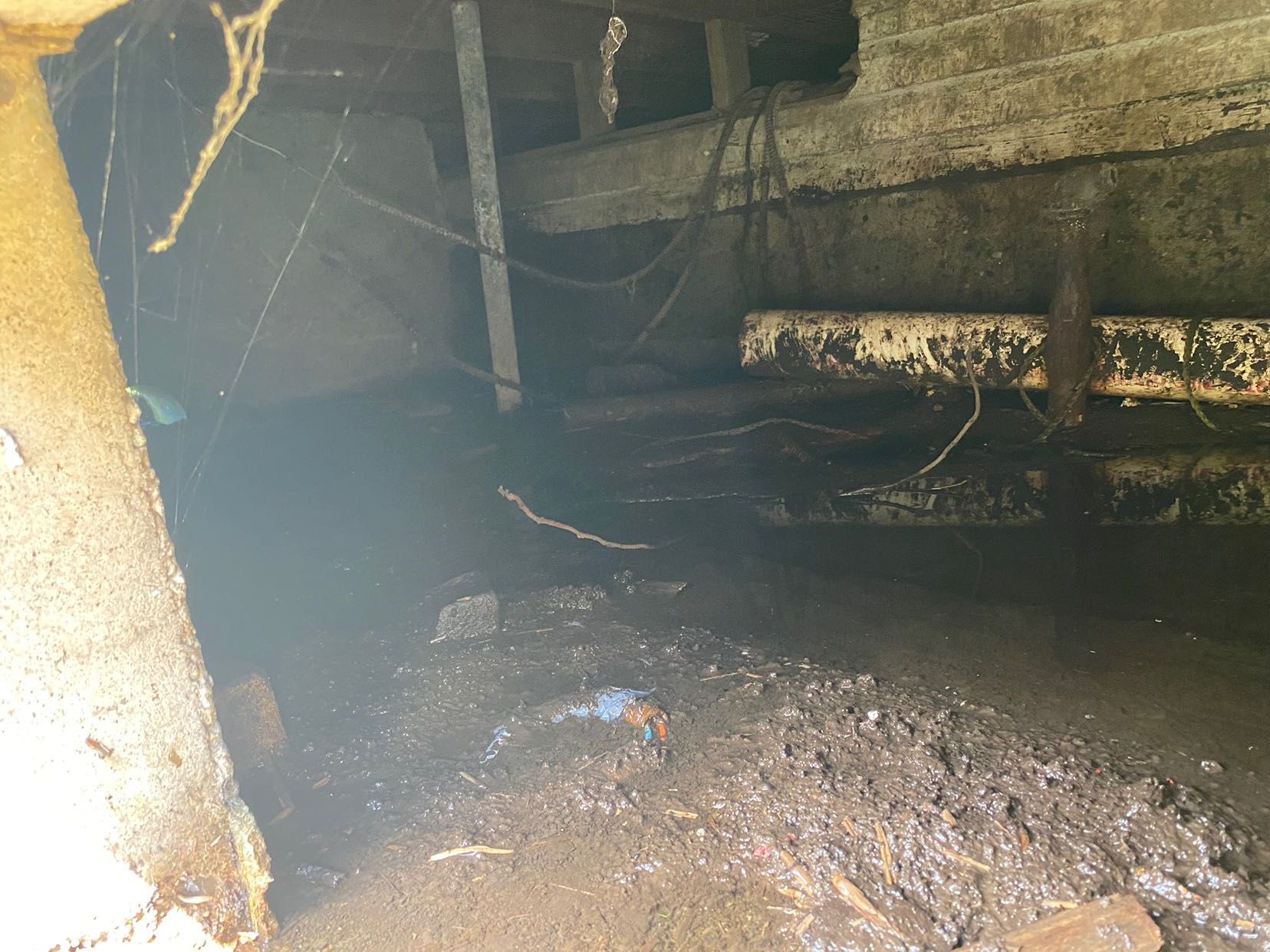 A dirty basement with a lot of dirt and pipes.