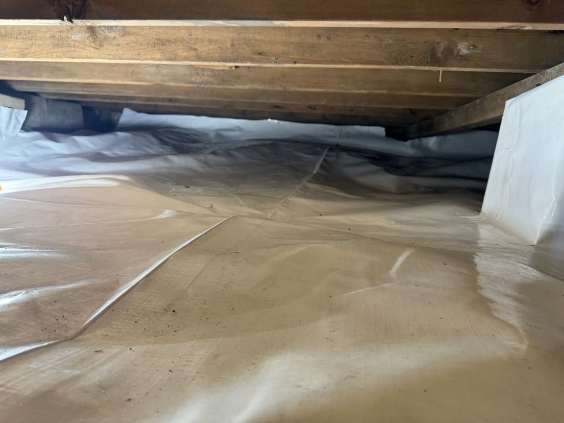 A close up of a plastic sheet under a wooden floor.