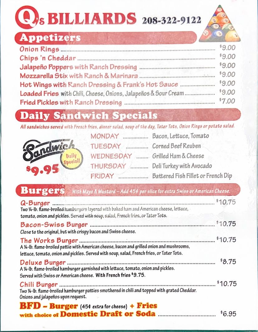 Beer And Burgers Boise, ID Q’s Billiards & Eatery