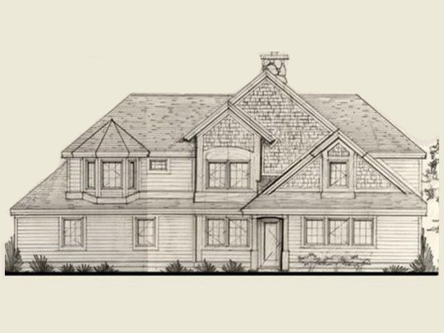Architectural drawing of a Craftsman-style house with multiple windows, a chimney, and a gabled roof.