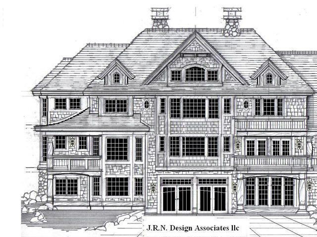 Architectural drawing of a large stone house with multiple stories, windows, and a shingle roof.