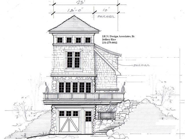 Architectural drawing of a stone house with a tower and garage, set into a hillside.