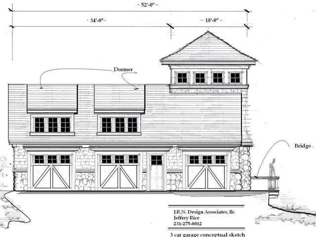 Architectural drawing of a 3-car garage with a tower and bridge, showing dimensions and design details.