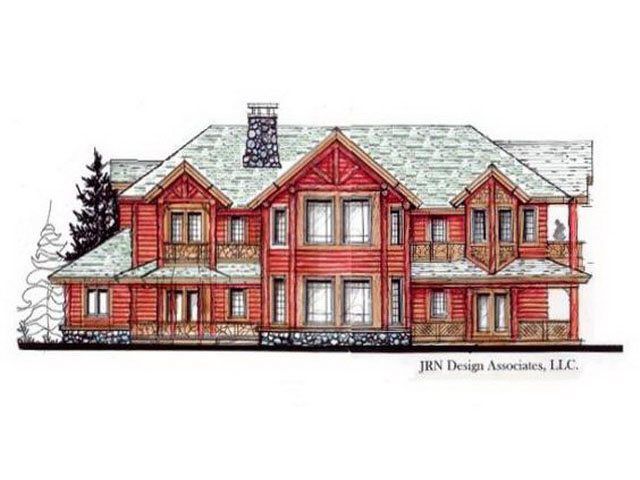 Architectural rendering of a two-story red log cabin house with a stone foundation and green roof.