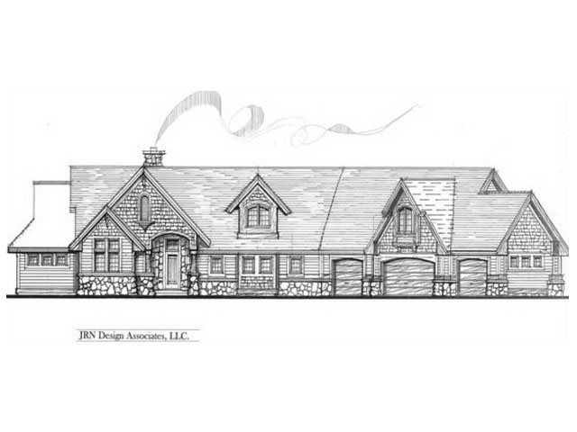 Elevation drawing of a Craftsman-style house with stone accents, dormers, and attached garage.