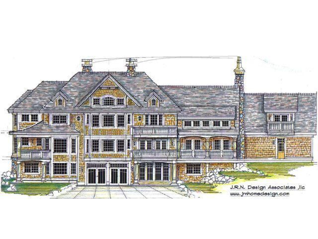 Architectural rendering of a large, multi-story house with a stone and wood exterior, multiple windows, and a shingled roof.