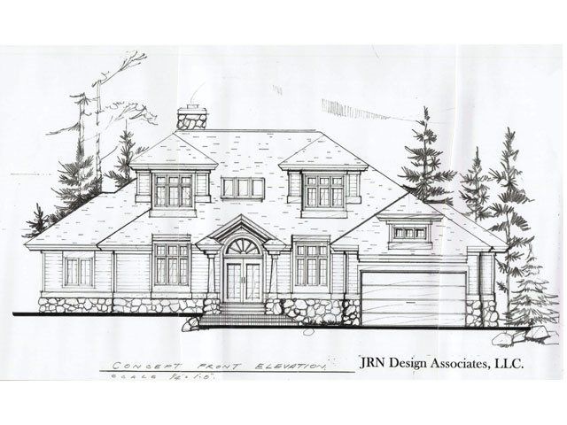 Architectural sketch of a house with stone accents, dormers, and a garage; a rendering by JRN Design Associates, LLC.