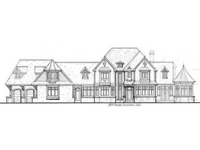Architectural rendering of a large, multi-gabled house with various window styles, including dormers and a turret.