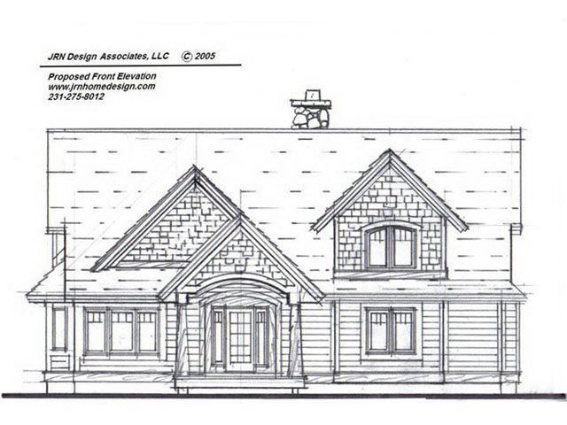Architectural drawing of a house with a gabled roof, stone chimney, and multiple windows.