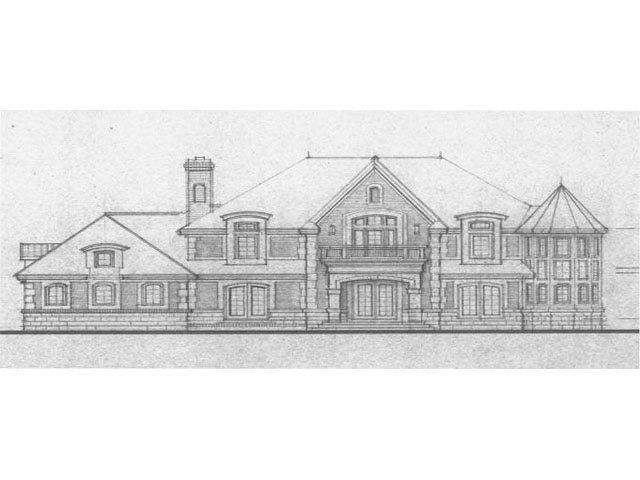 Architectural pencil sketch of a large, multi-story house with gabled roof, chimney, and turret.