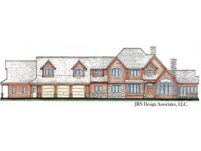 Architectural rendering of a large brick and stone house with a garage and dormers.