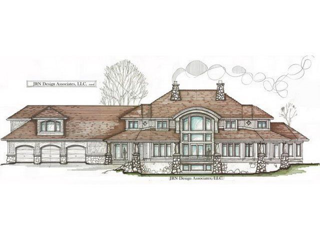 Architectural rendering of a large, stone and wood home with a multi-car garage, chimney, and large windows.