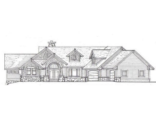 A house sketch with a stone facade, arched entryway, and attached garage.