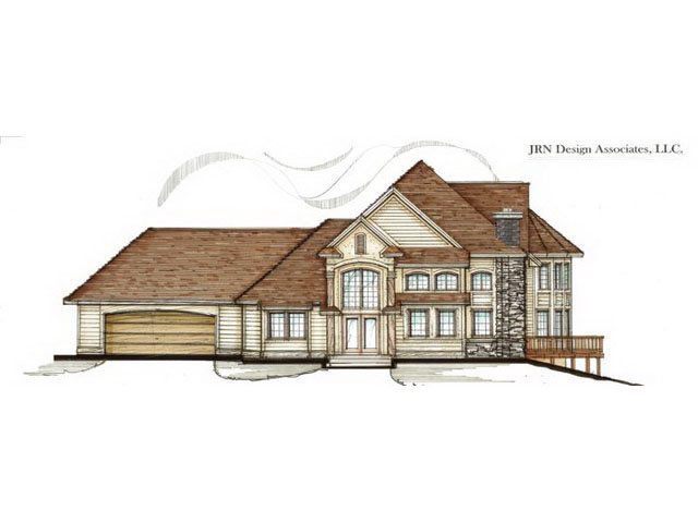 Architectural rendering of a two-story house with a garage, stone accents, and a wood deck.