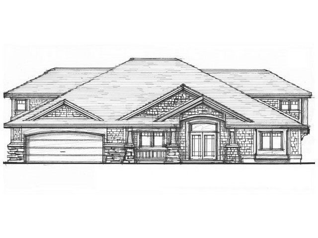Architectural drawing of a Craftsman-style house with a garage and textured stone accents.