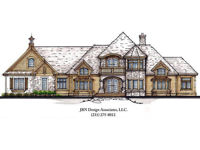 Architectural rendering of a two-story home with a stone facade, beige trim, and a prominent turret.