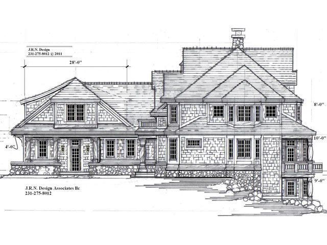 Architectural drawing of a house with stone and shingle siding, multiple gables, and a small balcony.