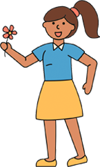 Girl holding a flower, smiling. She wears a blue shirt, yellow skirt, and has brown hair in a ponytail.