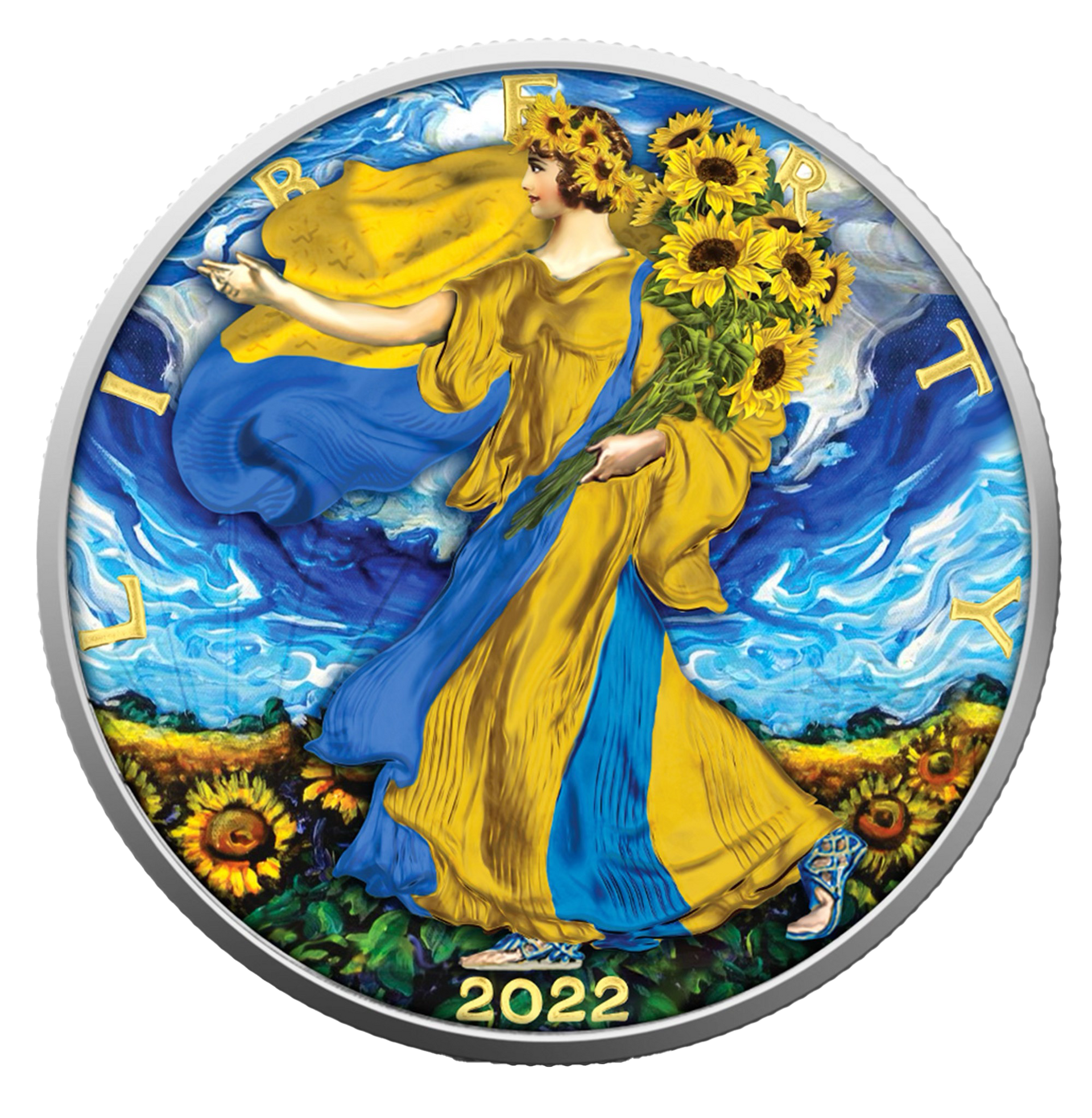 A coin with a painting of a woman holding a bouquet of sunflowers.