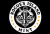 A logo for rogues island mint with two skulls and an anchor