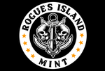 A logo for rogues island mint with two skulls and an anchor