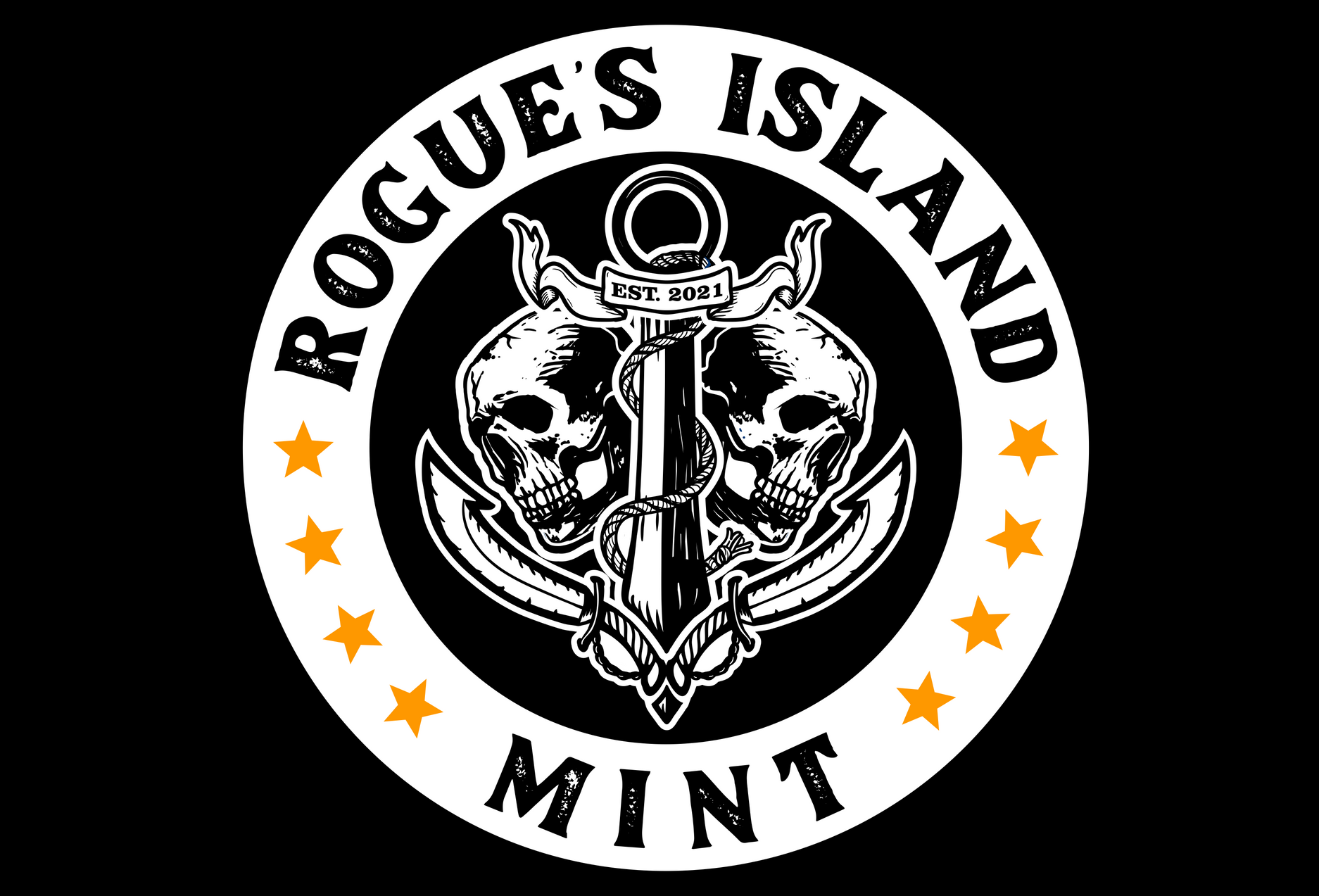 A logo for rogues island mint with two skulls and an anchor