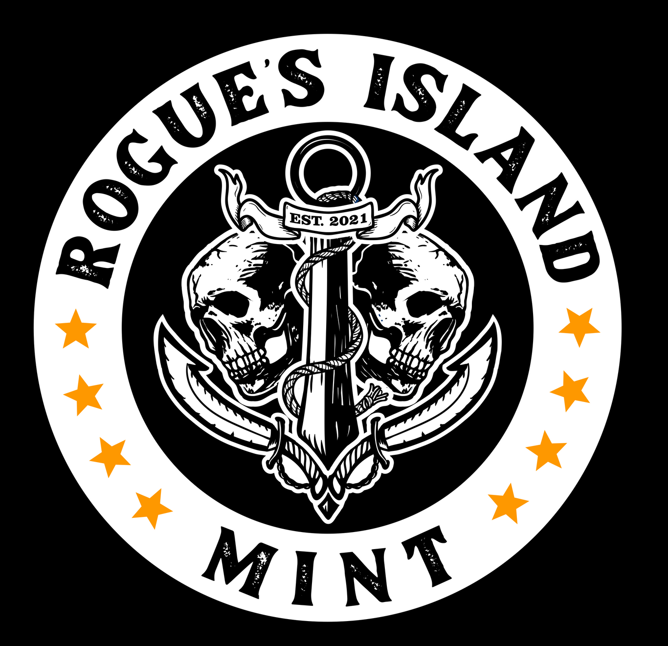 A logo for rogue 's island mint with two skulls and an anchor