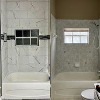 A before and after photo of a bathroom with a tub and a toilet.