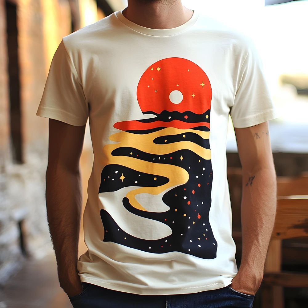 Cream-colored t-shirt with a colorful DTF (Direct To Film) printed abstract design: a red sun, flowing yellow and blue pattern with stars.