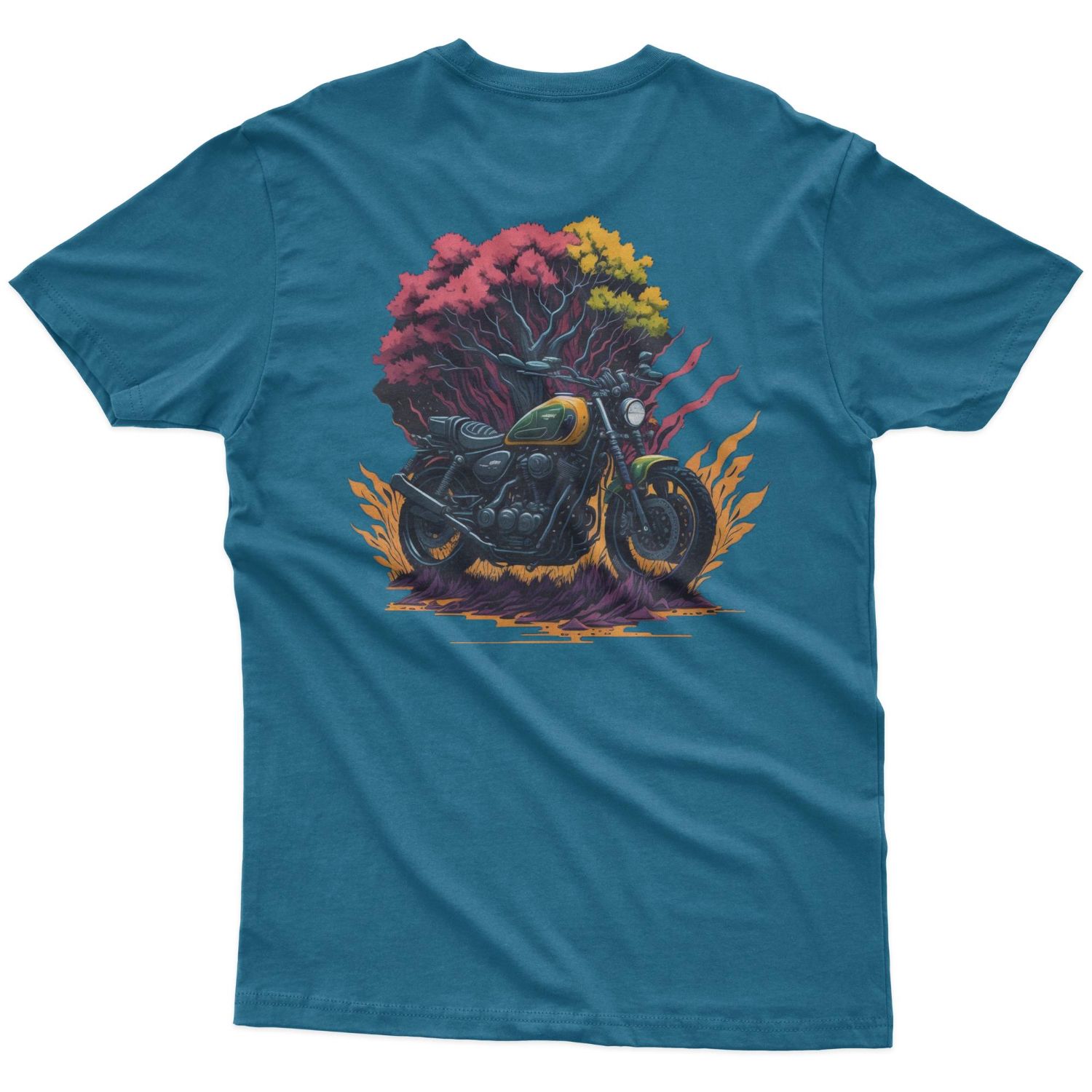 Teal t-shirt with a DTF (Direct To Film) printed motorcycle graphic, set against a colorful, tree-like background.