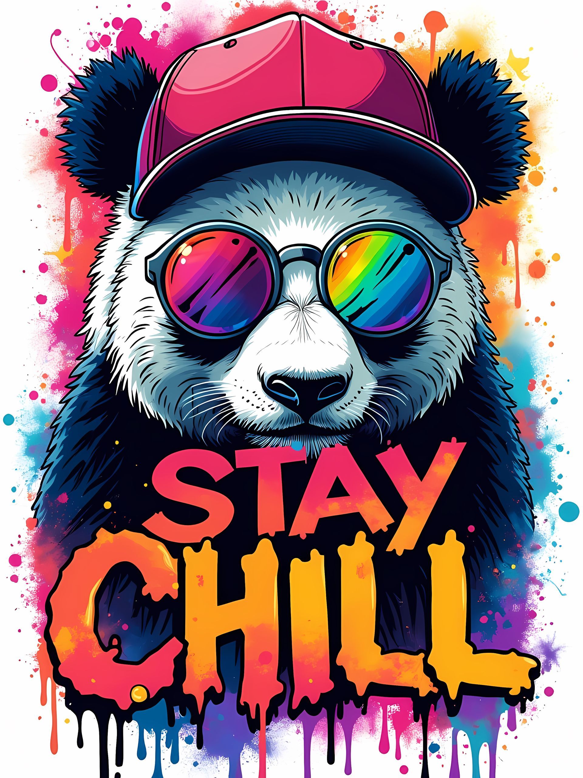 DTF (Direct To Film) printed panda wearing a red cap and rainbow sunglasses,