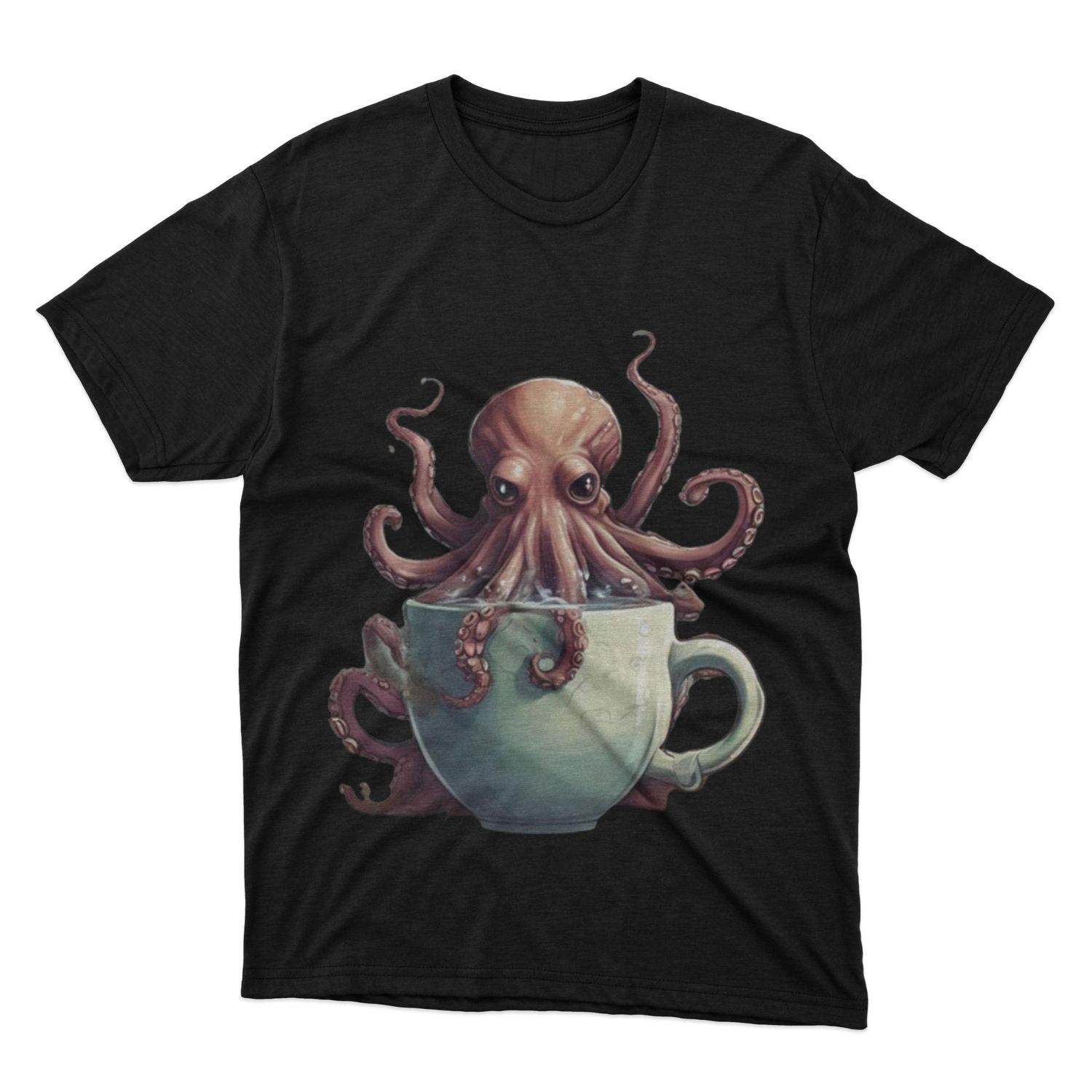 Black t-shirt with a DTF (Direct To Film) printed cartoon octopus peering from a blue teacup.