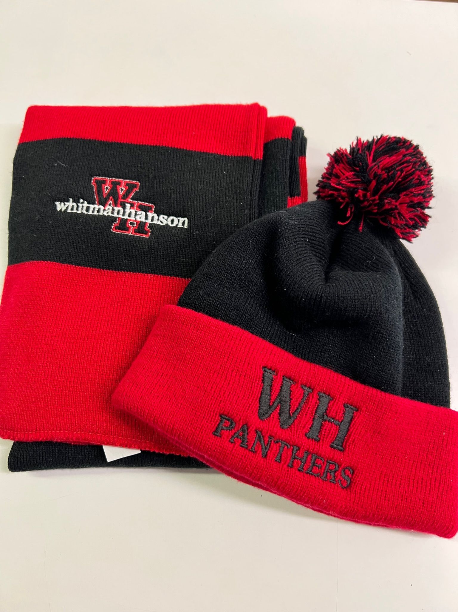 Red and black scarf and beanie hat custom embroidered with 