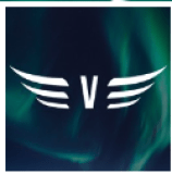 A white logo with wings on a blue background.