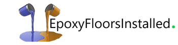 Logo with paint pouring from two cans, blue and brown, onto a floor, text 