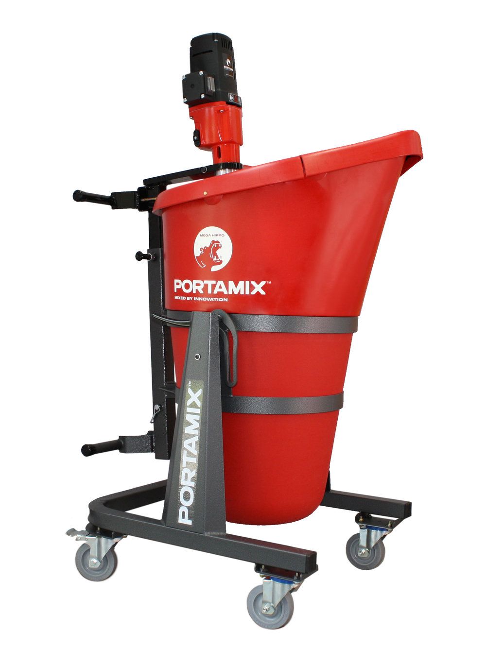 Red and gray PortaMix concrete mixer on a wheeled cart.