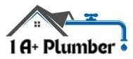 Logo for "1 A+ Plumber," featuring a house outline and a blue pipe with a dripping water droplet.