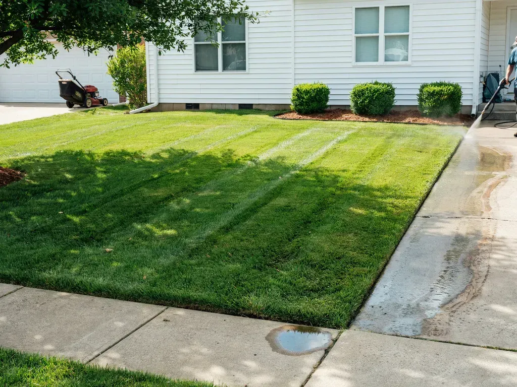 Front yard with neatly mowed green grass beside a white house and concrete driveway