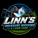 Linn’s Pressure Washing & Lawn Care logo with house, spray wand, mower, and green grass accents