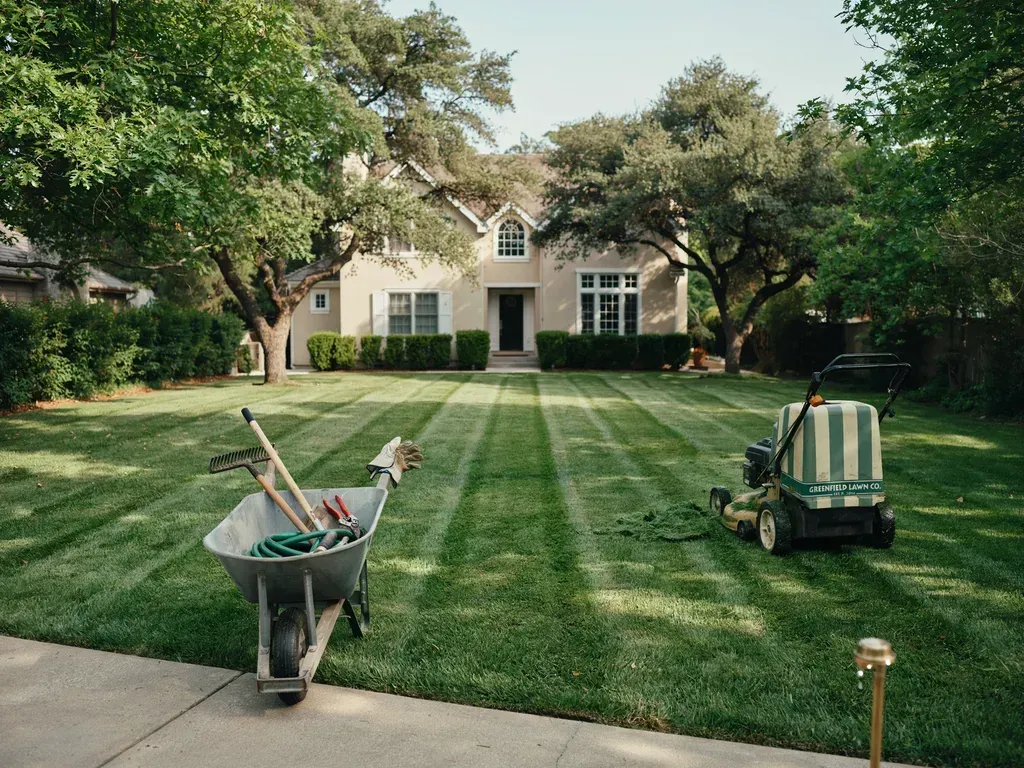 Freshly mowed suburban lawn with a wheelbarrow, mower, and garden tools in front of a house