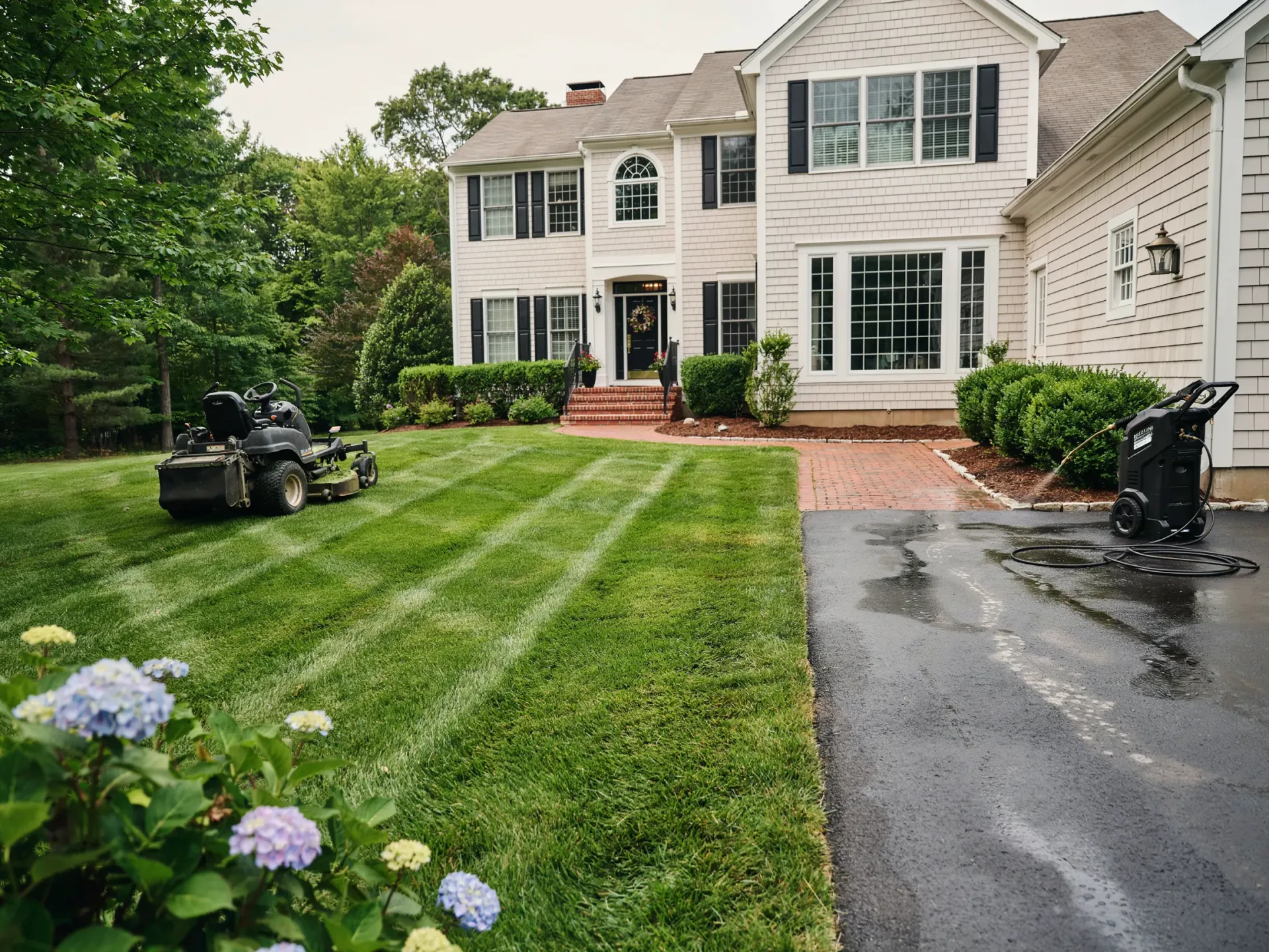 Suburban house with manicured lawn, flower bed, and driveway with lawn equipment on a wet surface