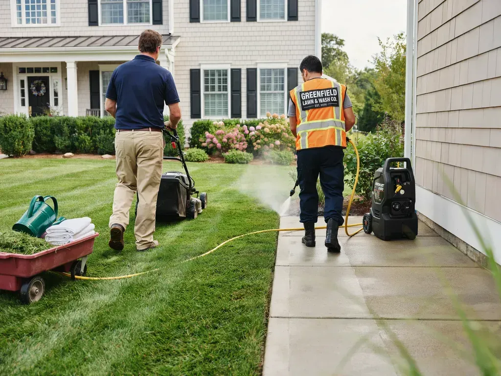 Two workers pressure washing a sidewalk beside a suburban house, with cleaning equipment on the lawn.
