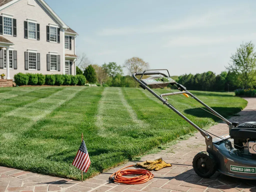 Lawn being mowed beside a suburban house, with a lawn mower, hose, and small American flag.