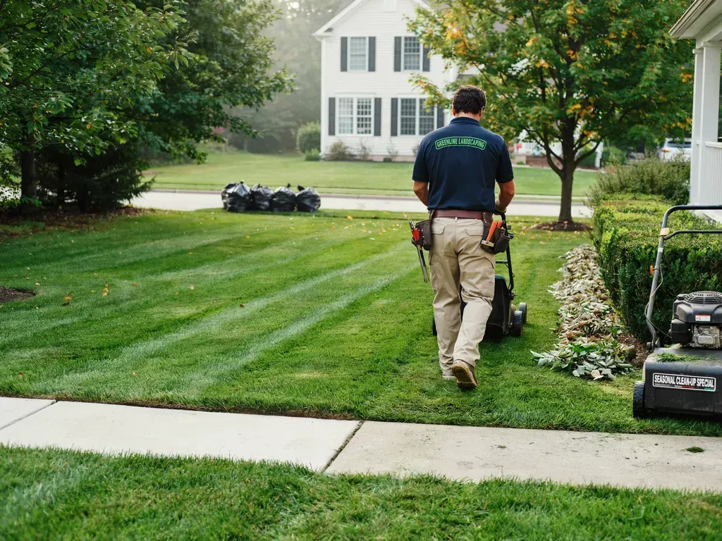 Lawn care worker mowing a green front yard with a push mower, facing a white house and driveway.